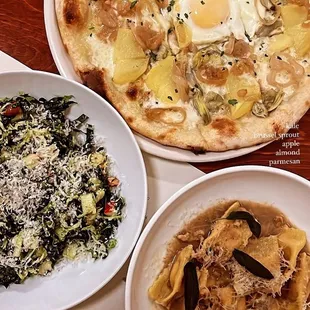 the ingredients of a pizza, pasta, and spinach