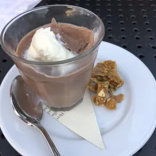 chocolate pot de creme with pistachio brittle