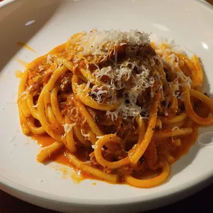 Buccatini all’Amatriciana -- guanciale, onion, black pepper, red pepper, pecorino