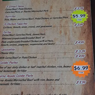 prices for the restaurant