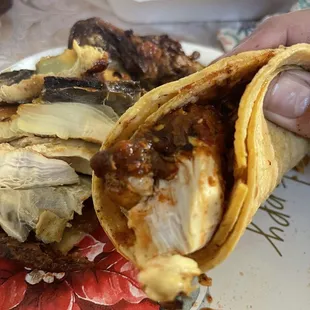 The baked chicken and pork ribs with the spicy salsa and warm tortillas the kitchen section offers are bomb!