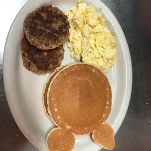 pancakes, eggs, and sausage
