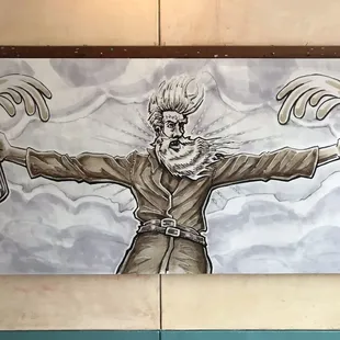 a drawing of a man holding a beer