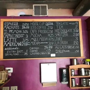 a menu on the wall
