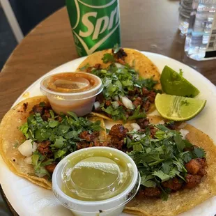 3 Al Pastor Tacos with a Sprite