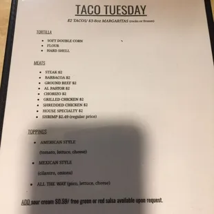 Taco Tuesday Special Menu