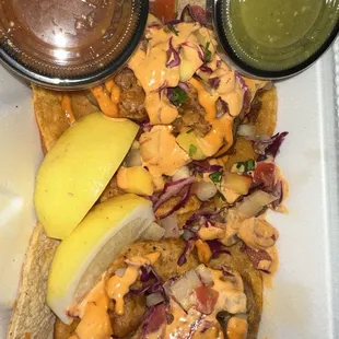 Shrimp tacos they were good maybe tortilla could have been crisper or flour all it needed was like crumbled cheese but overall great