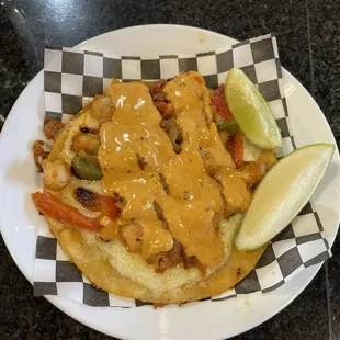 Taco el gobernador with creamy chipotle sauce added
