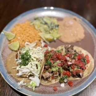 Mix n Match Street Tacos (~$17): shrimp, pollo asado, carne asada (L to R)