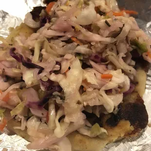 Gets me choked up every time I see this picture. Mixed pupusa with curtido and green salsa. It&apos;s so beautiful!