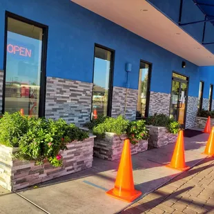 a row of orange cones