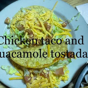 Chicken taco and guacamole tostada, comes with the Cancun plate.