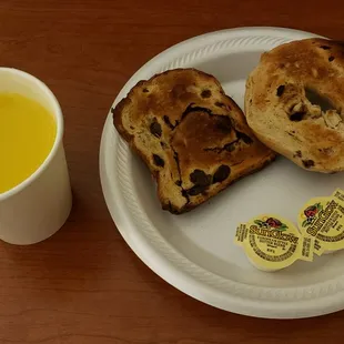 OJ with raisin toast and bagel + butter
