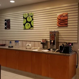 Continental breakfast counter where waffle station is located