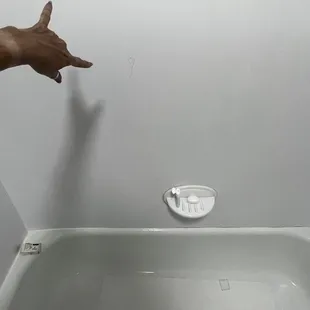 Hair stuck on bathtub wall, mold, used shampoo bottle