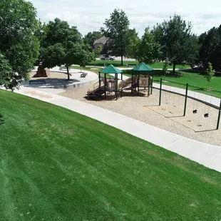 Playground and swings at LaQuinta Park, from the air.