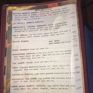 a menu for a meal