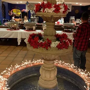 Fountain, decorated for the holidays.