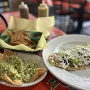 Chips, guac (), yummy sauces &amp; and Huarache con carne asada