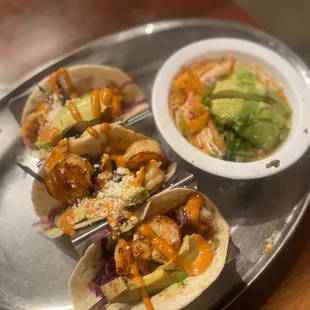 Shrimp Avocado Tacos with Chicken Soup instead of rice/beans. Omg this soup was so good!! Tacos were flavorful as well.