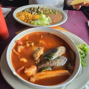 Seafood soup and chile verde