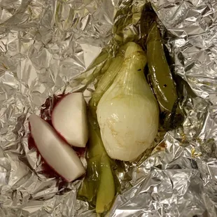 Support the local spots! Grilled onions, peppers &amp; radishes
