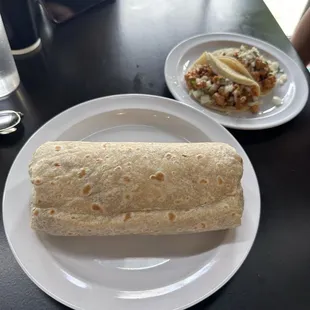 Super Burito and chicken tacos