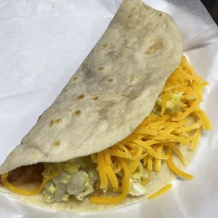 Potato Egg Cheese &amp; Beans on Flor tortillas