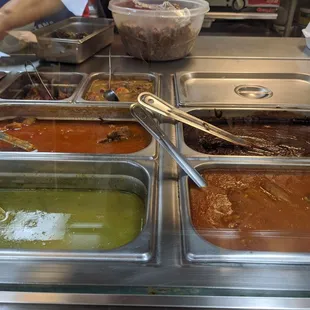 Pork, chicken and all the yummy sauces.