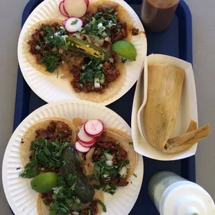 Can&apos;t go wrong with tacos al pastor and a chicken tamale. Yum :)