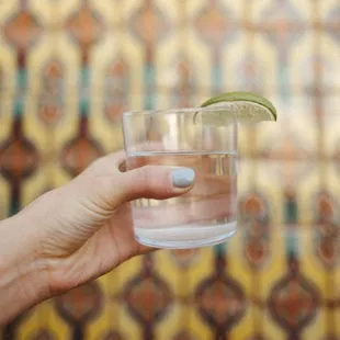 a hand holding a glass of water with a lime slice in it