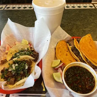 lengua, 3 quesabirrias and consome &amp; horchata