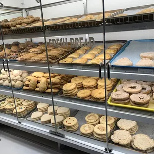 a display of cookies and pastries