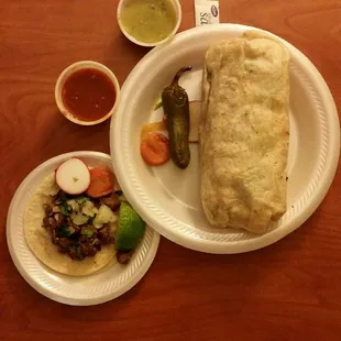 Steak Taco and Chicken Burrito.