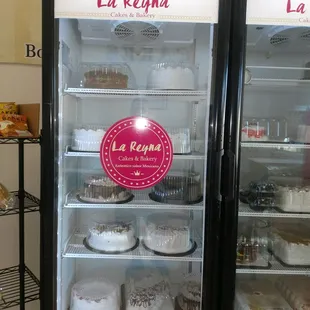 a display of cakes