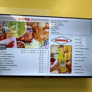 Menu of the sides and drinks