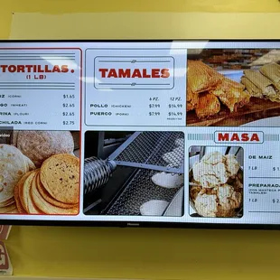 Menu for tortillas, tamales, and masa.