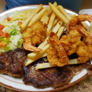 Pan fried thin rib-eye and shrimp ... so delicious!!!