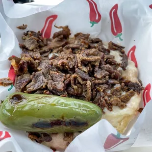 Gordita to-go, Carne Asada. It also came with three different salsas.