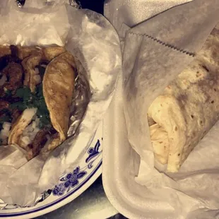 Lg chicken burrito w beef tongue tacos