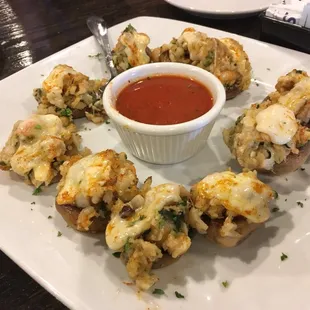 Stuffed mushrooms, stuffed with seafood! A must get appetizer.