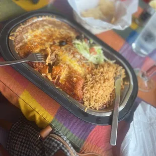 Enchiladas rojas the food was amazing extremely hot because it's fresh great customer service they are very friendly