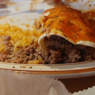 Enchilada, burrito, beans and rice (#17)