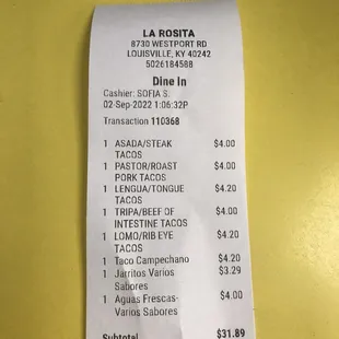 What we ordered &amp; the price