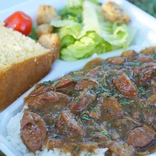Sausage gumbo (spicy) over white rice w/ cornbread &amp; a salad