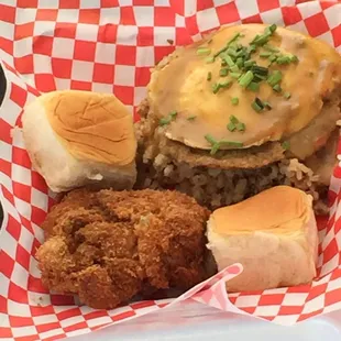 Cajun Moco with fried chicken and dinner rolls