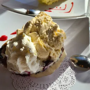 Rhubarb blueberry pistachio crumble with ice cream and whipped cream. $11