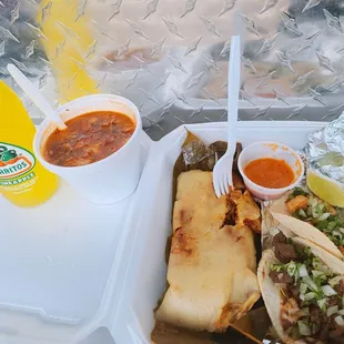 Tamal and 1 steak 1 chicken taco 1 cup of charro beans and jarrito