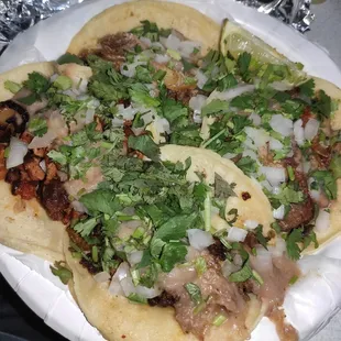 An assortment of tacos on corn. Bistec, carnitas and al pastor with cilantro, onions and beans added.