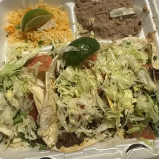 Flour Bistec tacos rice and beans